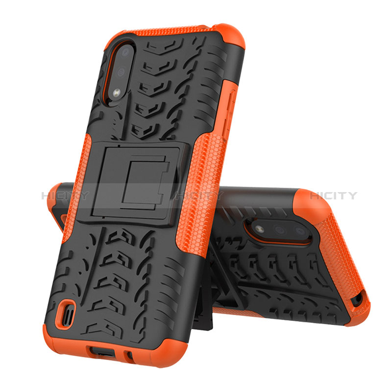 Silicone Matte Finish and Plastic Back Cover Case with Stand T04 for Samsung Galaxy A01 SM-A015 Orange
