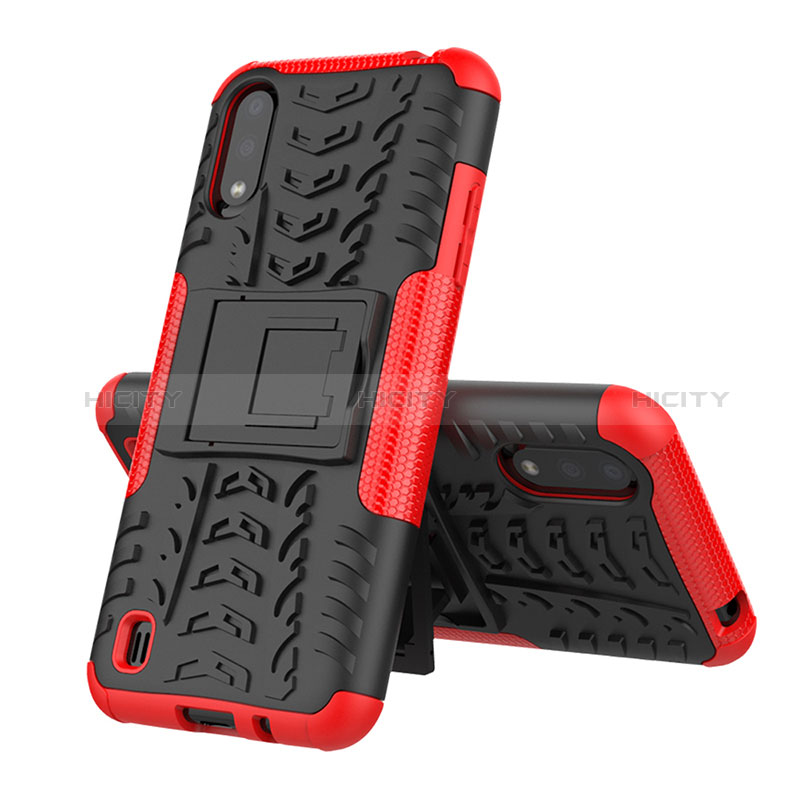 Silicone Matte Finish and Plastic Back Cover Case with Stand T04 for Samsung Galaxy A01 SM-A015 Red