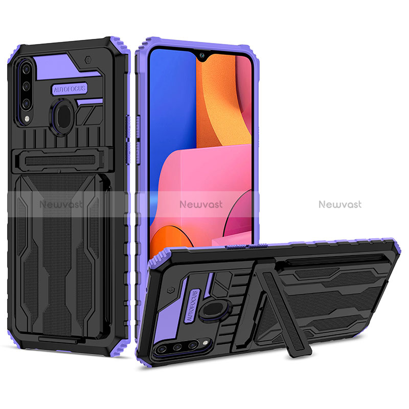 Silicone Matte Finish and Plastic Back Cover Case with Stand YF1 for Samsung Galaxy A20s Purple