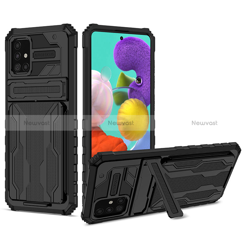Silicone Matte Finish and Plastic Back Cover Case with Stand YF1 for Samsung Galaxy A51 5G Black