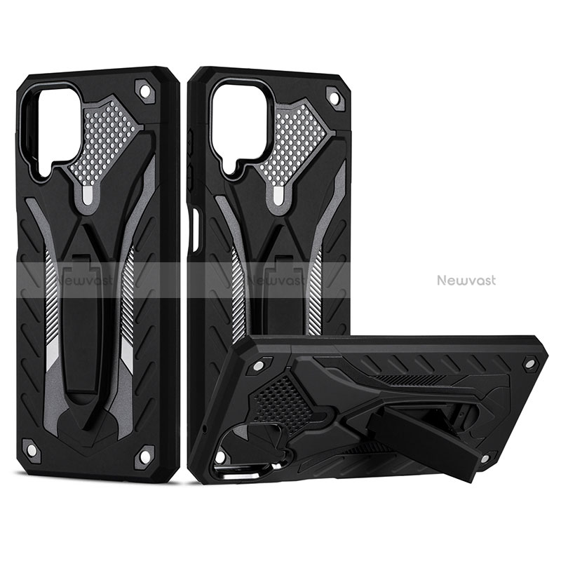 Silicone Matte Finish and Plastic Back Cover Case with Stand YF2 for Samsung Galaxy A12 Nacho