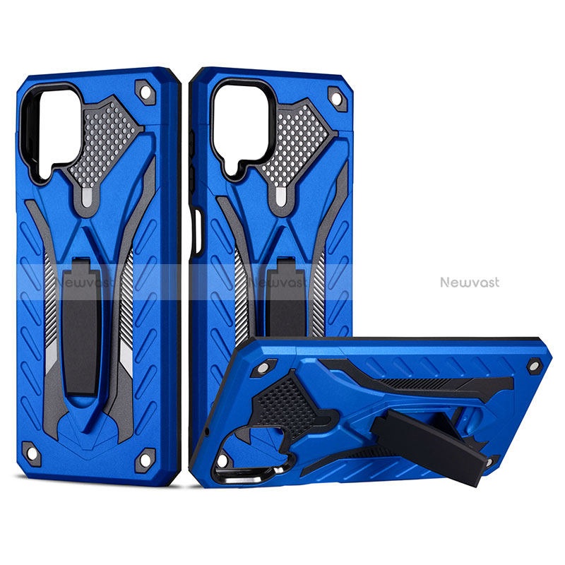 Silicone Matte Finish and Plastic Back Cover Case with Stand YF2 for Samsung Galaxy M12 Blue