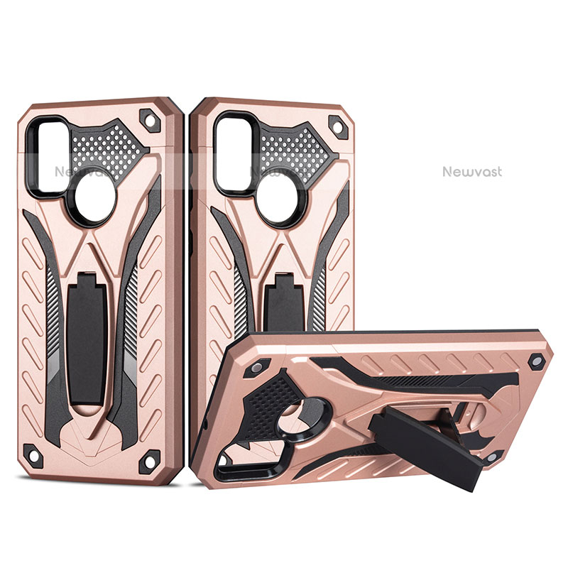 Silicone Matte Finish and Plastic Back Cover Case with Stand YF2 for Samsung Galaxy M21 Rose Gold