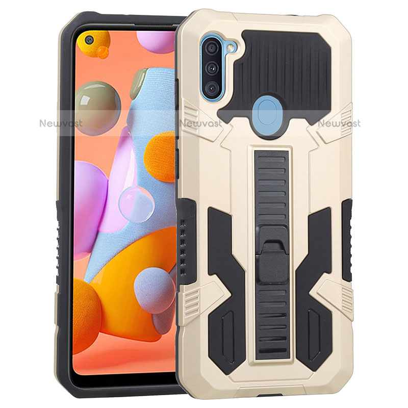 Silicone Matte Finish and Plastic Back Cover Case with Stand ZJ1 for Samsung Galaxy A11 Gold