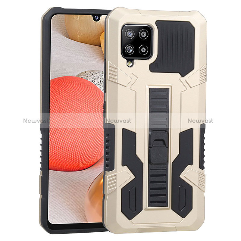 Silicone Matte Finish and Plastic Back Cover Case with Stand ZJ1 for Samsung Galaxy A42 5G Gold