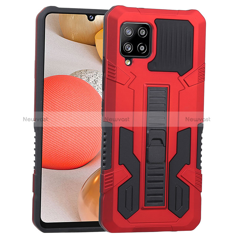 Silicone Matte Finish and Plastic Back Cover Case with Stand ZJ1 for Samsung Galaxy A42 5G Red