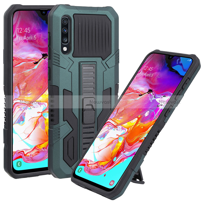 Silicone Matte Finish and Plastic Back Cover Case with Stand ZJ1 for Samsung Galaxy A70 Green