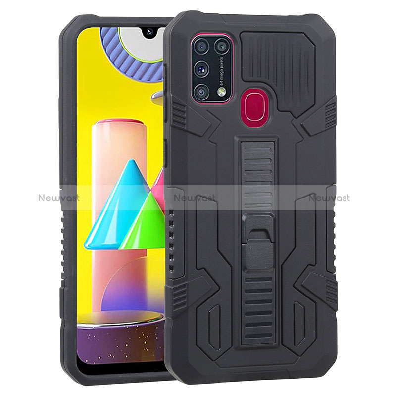 Silicone Matte Finish and Plastic Back Cover Case with Stand ZJ1 for Samsung Galaxy M21s Black