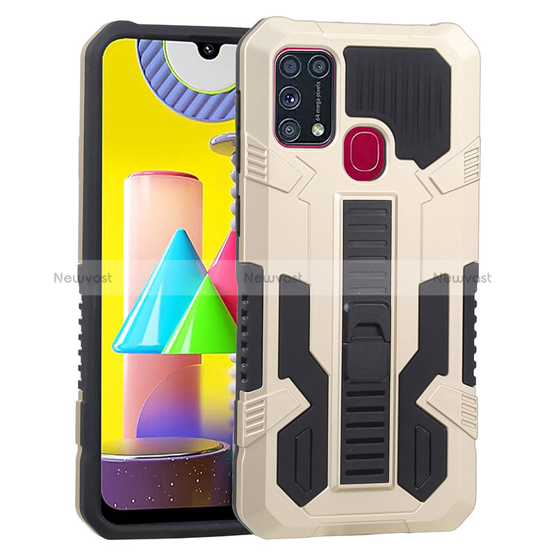 Silicone Matte Finish and Plastic Back Cover Case with Stand ZJ1 for Samsung Galaxy M21s Gold