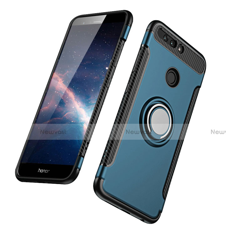 Silicone Matte Finish and Plastic Back Cover with Finger Ring Stand A01 for Huawei Honor V9 Blue