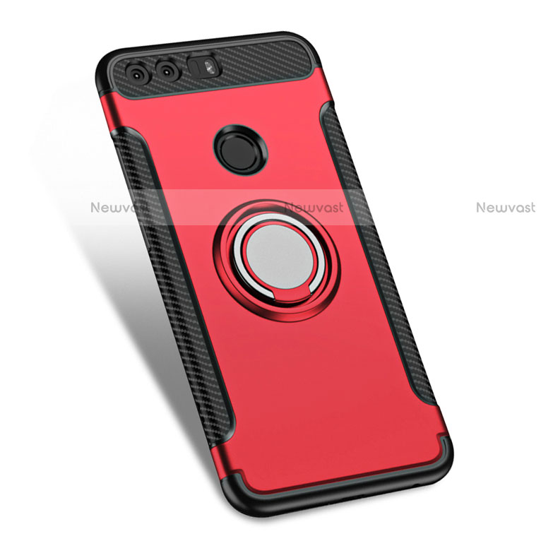 Silicone Matte Finish and Plastic Back Cover with Finger Ring Stand for Huawei Honor 8 Red