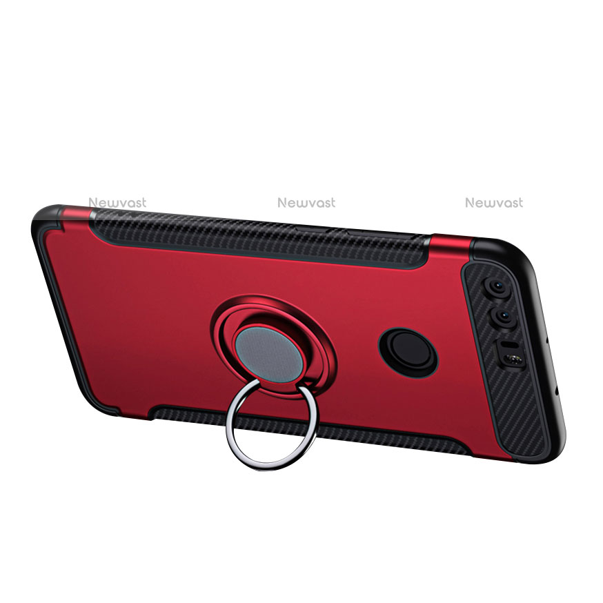 Silicone Matte Finish and Plastic Back Cover with Finger Ring Stand for Huawei Honor 8 Red