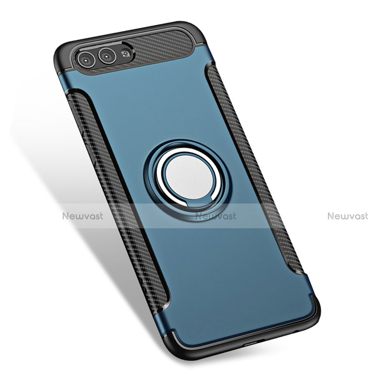 Silicone Matte Finish and Plastic Back Cover with Finger Ring Stand for Huawei Honor V10 Blue