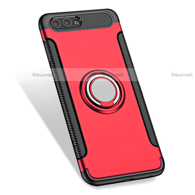 Silicone Matte Finish and Plastic Back Cover with Finger Ring Stand for Huawei Nova 2S Red