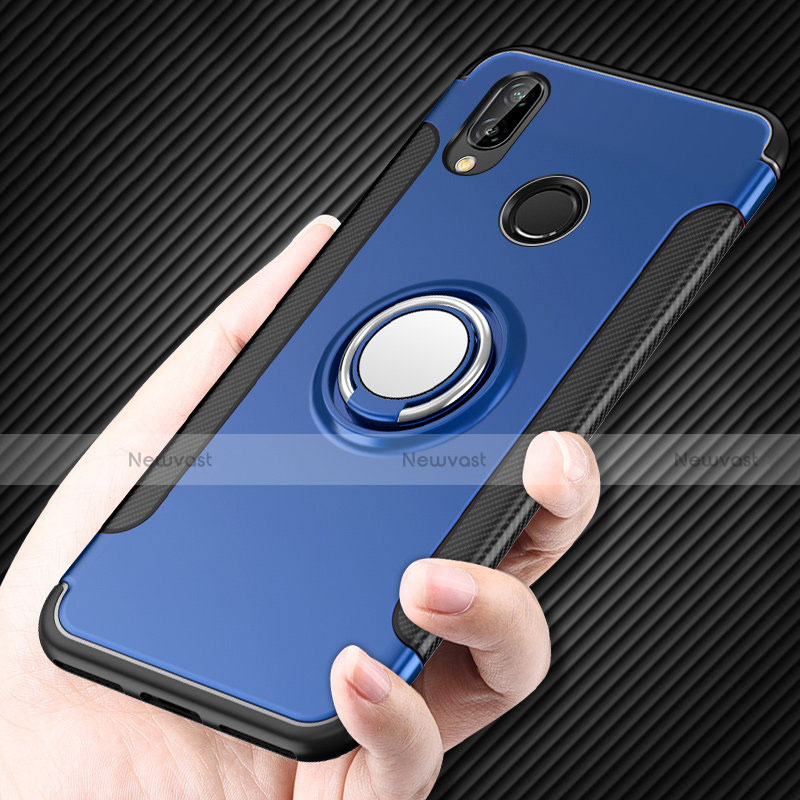 Silicone Matte Finish and Plastic Back Cover with Finger Ring Stand for Huawei P Smart+ Plus Blue