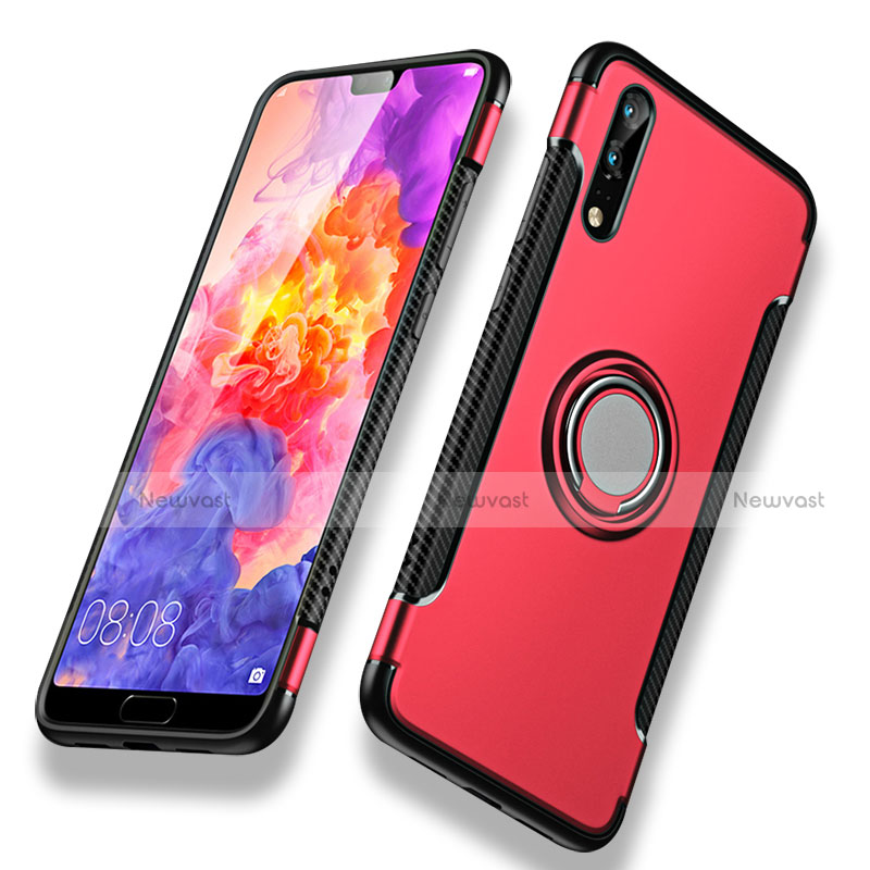 Silicone Matte Finish and Plastic Back Cover with Finger Ring Stand for Huawei P20 Red