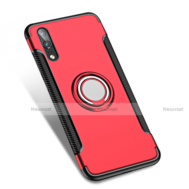 Silicone Matte Finish and Plastic Back Cover with Finger Ring Stand for Huawei P20 Red