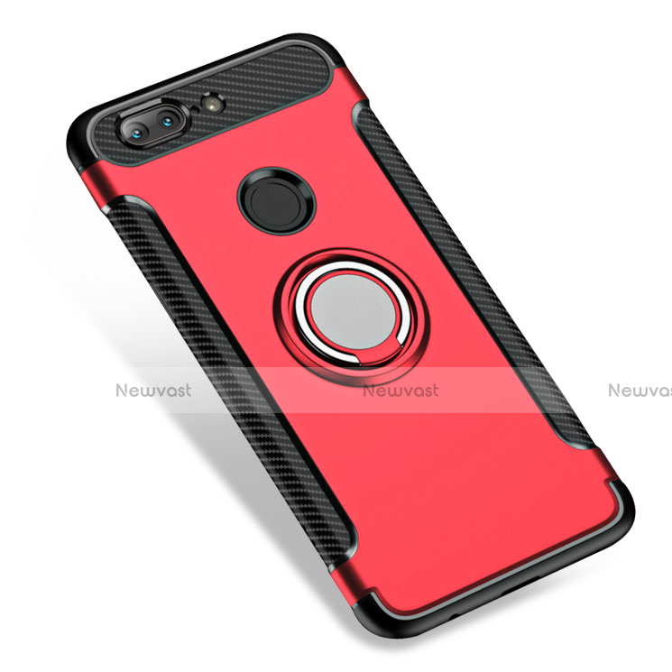 Silicone Matte Finish and Plastic Back Cover with Finger Ring Stand for OnePlus 5T A5010 Red