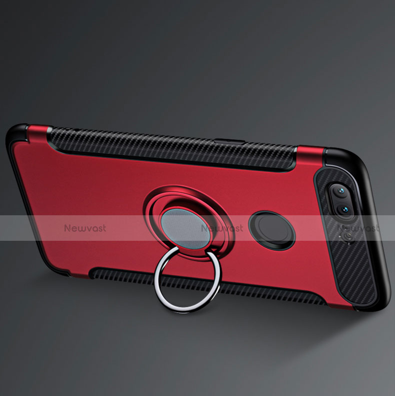 Silicone Matte Finish and Plastic Back Cover with Finger Ring Stand for OnePlus 5T A5010 Red