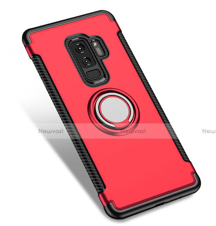 Silicone Matte Finish and Plastic Back Cover with Finger Ring Stand for Samsung Galaxy S9 Plus Red