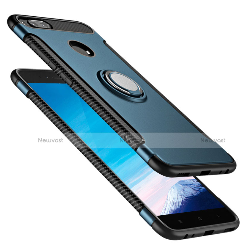 Silicone Matte Finish and Plastic Back Cover with Finger Ring Stand for Xiaomi Mi 5X Blue