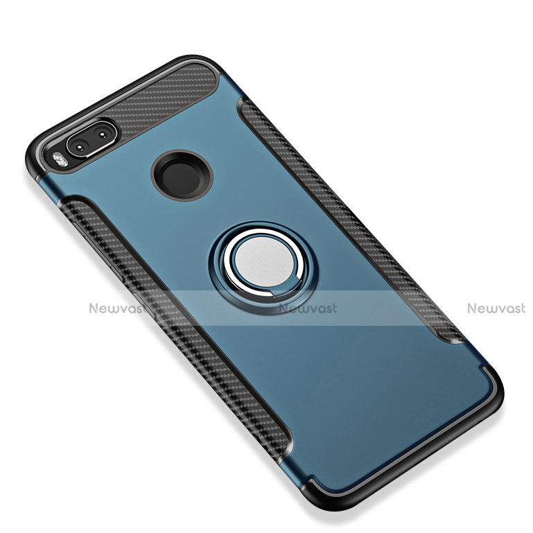 Silicone Matte Finish and Plastic Back Cover with Finger Ring Stand for Xiaomi Mi A1 Blue