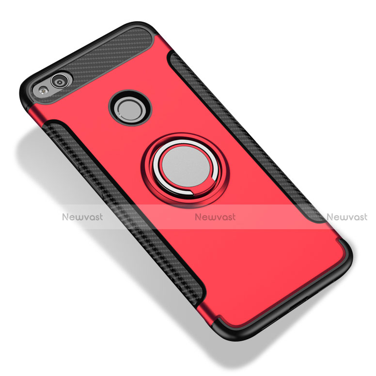 Silicone Matte Finish and Plastic Back Cover with Finger Ring Stand for Xiaomi Redmi 3 Pro Red