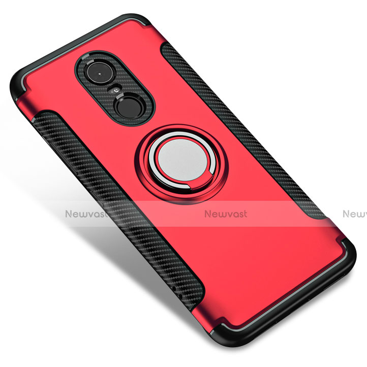 Silicone Matte Finish and Plastic Back Cover with Finger Ring Stand for Xiaomi Redmi Note 5 Indian Version Red