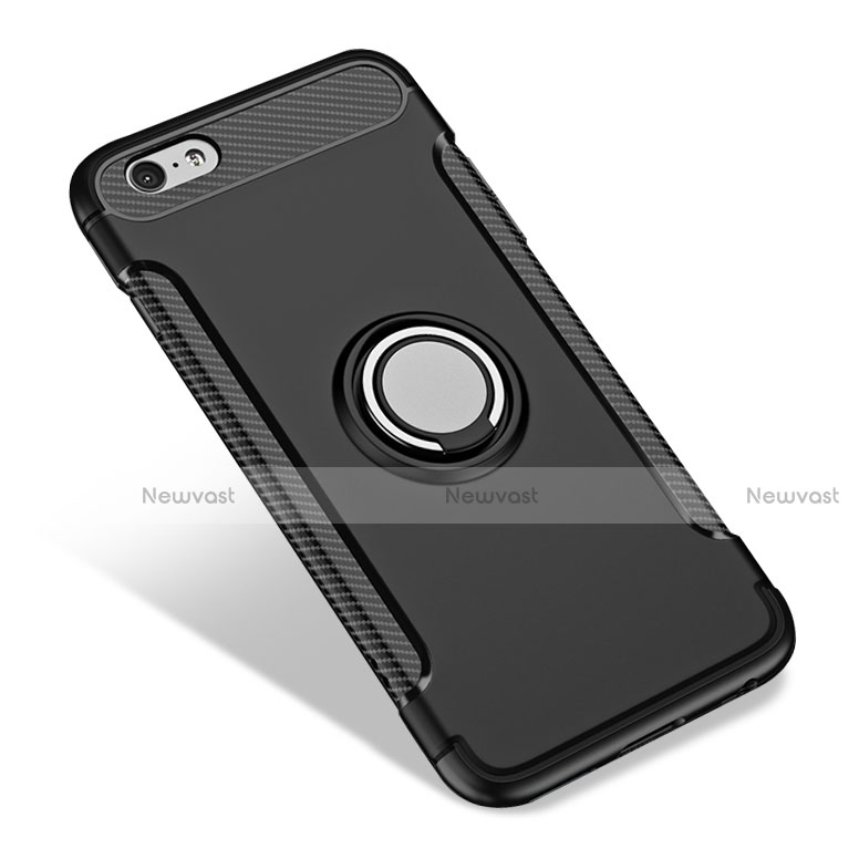 Silicone Matte Finish Case with Finger Ring Stand for Apple iPhone 6S Black