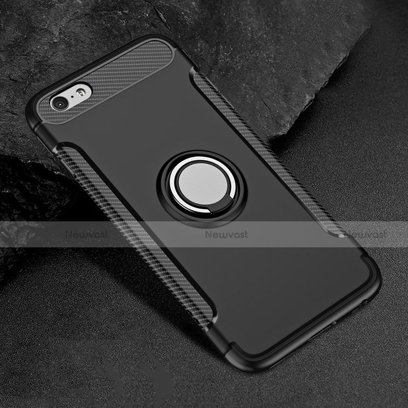 Silicone Matte Finish Case with Finger Ring Stand for Apple iPhone 6S Plus Black
