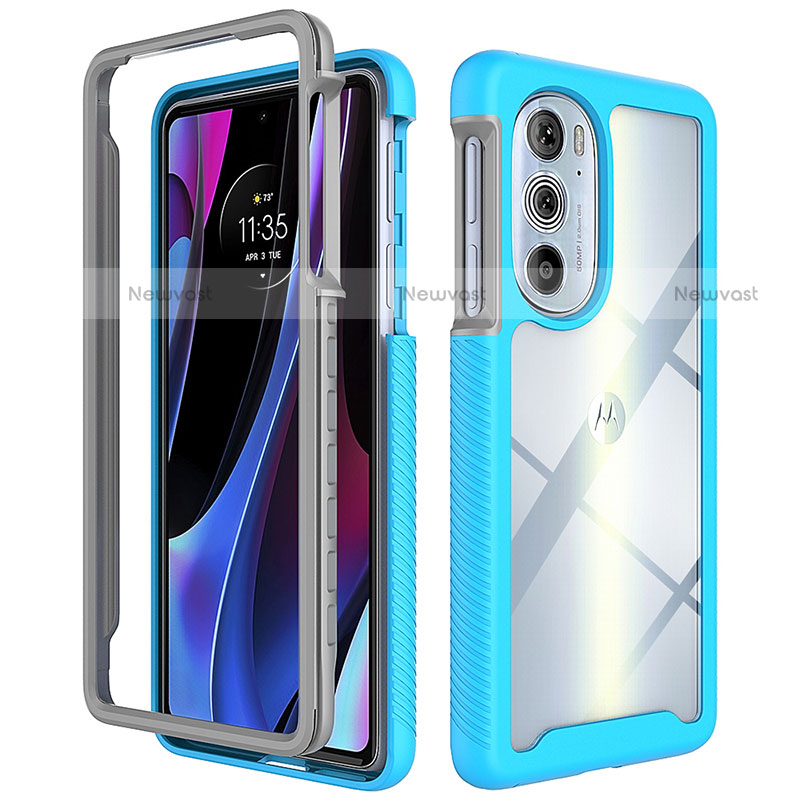 Silicone Transparent Frame Case Cover 360 Degrees for Motorola Moto Edge 30 Pro 5G Cyan