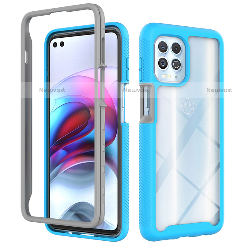 Silicone Transparent Frame Case Cover 360 Degrees for Motorola Moto G100 5G Cyan
