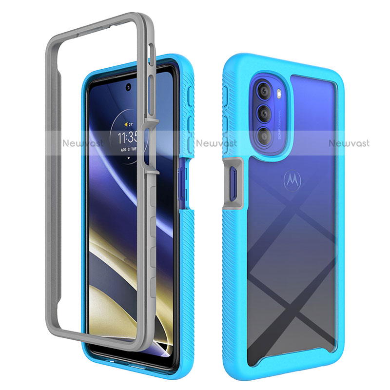 Silicone Transparent Frame Case Cover 360 Degrees for Motorola Moto G51 5G Cyan