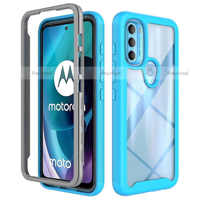 Silicone Transparent Frame Case Cover 360 Degrees for Motorola Moto G71 5G Cyan