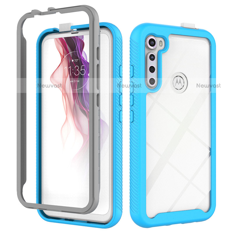 Silicone Transparent Frame Case Cover 360 Degrees for Motorola Moto One Fusion Plus Cyan