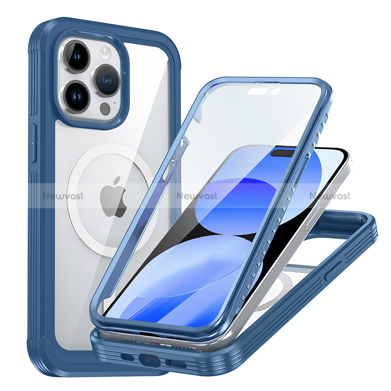 Silicone Transparent Frame Case Cover 360 Degrees with Mag-Safe Magnetic AC1 for Apple iPhone 13 Pro Blue