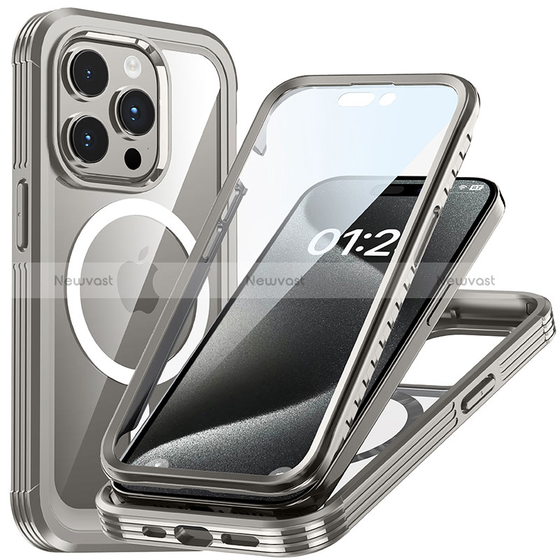 Silicone Transparent Frame Case Cover 360 Degrees with Mag-Safe Magnetic T01 for Apple iPhone 14 Pro Max Gray