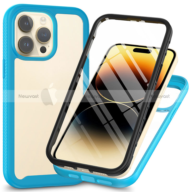 Silicone Transparent Frame Case Cover 360 Degrees ZJ3 for Apple iPhone 13 Pro Max Sky Blue