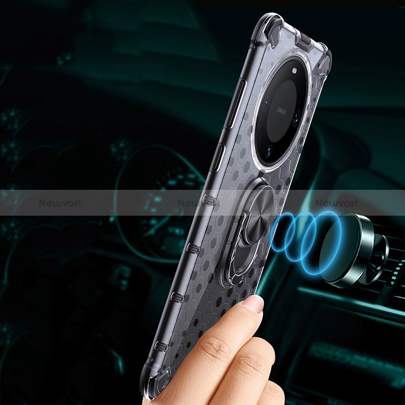 Silicone Transparent Mirror Frame Case 360 Degrees with Magnetic Finger Ring Stand AM1 for Huawei Mate 60 Pro+ Plus