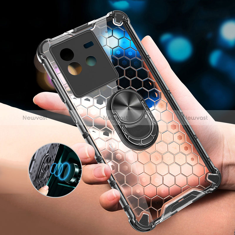 Silicone Transparent Mirror Frame Case 360 Degrees with Magnetic Finger Ring Stand AM1 for Vivo iQOO Neo6 SE 5G