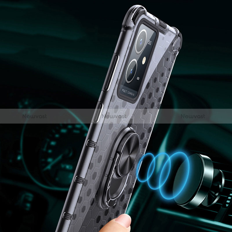 Silicone Transparent Mirror Frame Case 360 Degrees with Magnetic Finger Ring Stand AM1 for Vivo iQOO Z6 5G