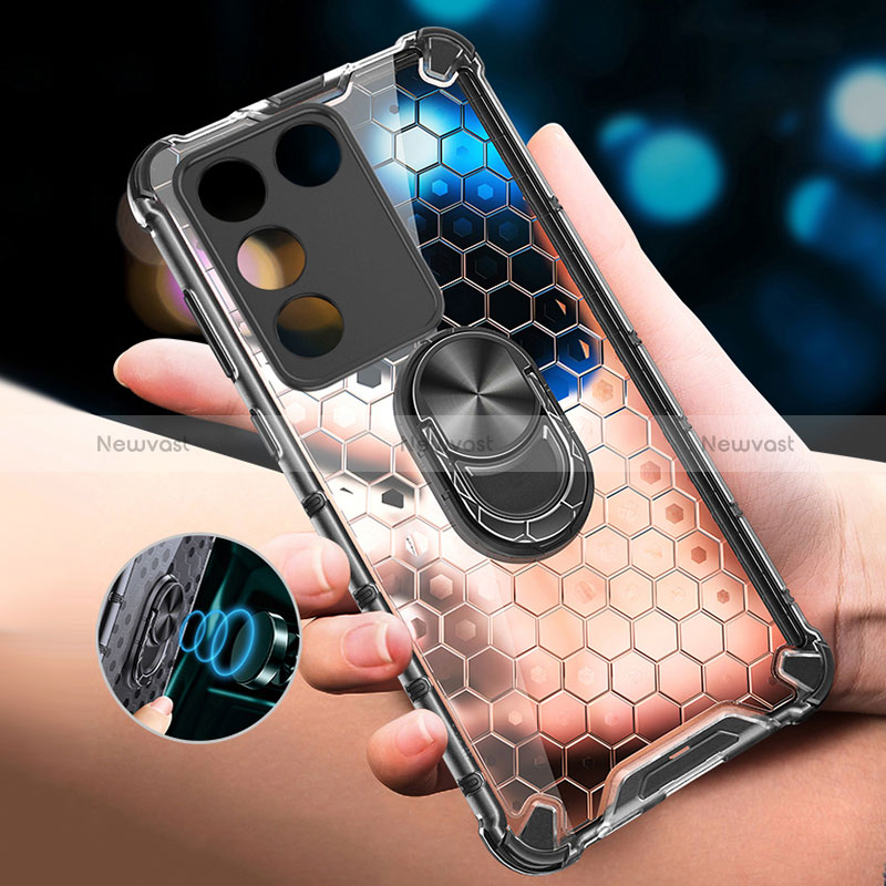 Silicone Transparent Mirror Frame Case 360 Degrees with Magnetic Finger Ring Stand AM1 for Vivo V27 5G