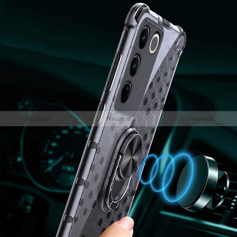Silicone Transparent Mirror Frame Case 360 Degrees with Magnetic Finger Ring Stand AM1 for Vivo V27 5G