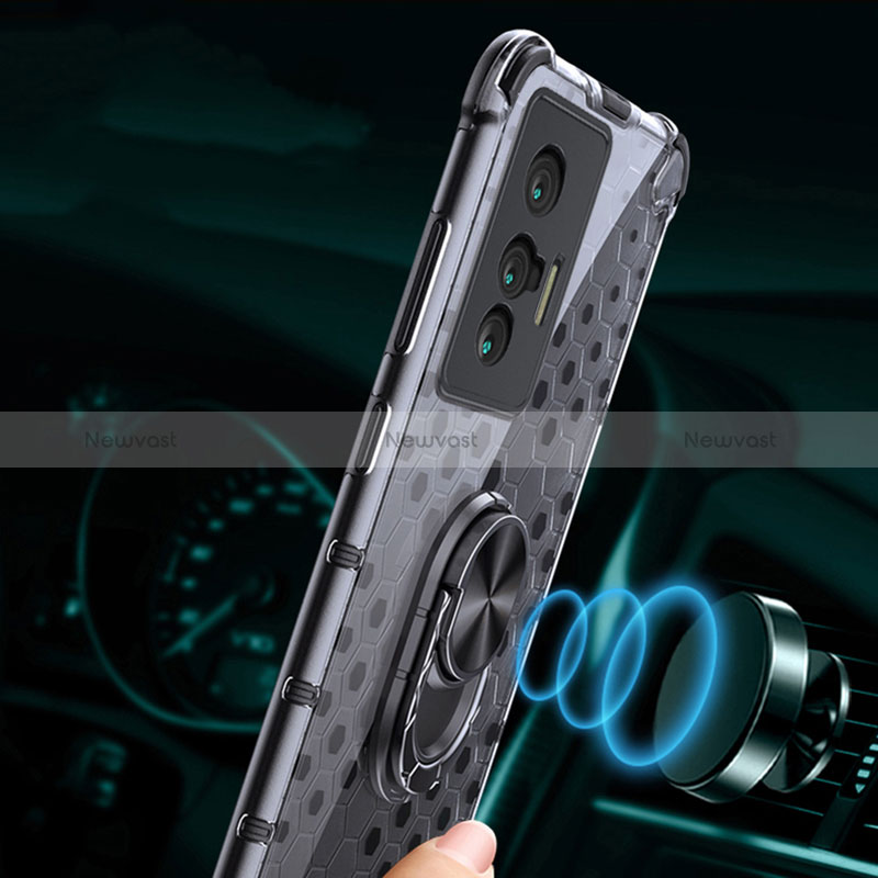 Silicone Transparent Mirror Frame Case 360 Degrees with Magnetic Finger Ring Stand AM1 for Vivo X70 5G
