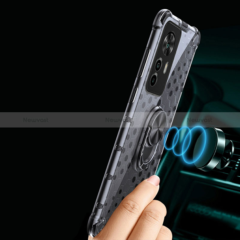 Silicone Transparent Mirror Frame Case 360 Degrees with Magnetic Finger Ring Stand AM1 for Xiaomi Mi 12T Pro 5G
