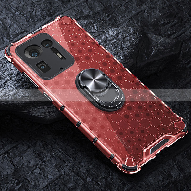Silicone Transparent Mirror Frame Case 360 Degrees with Magnetic Finger Ring Stand AM1 for Xiaomi Mi Mix 4 5G Red