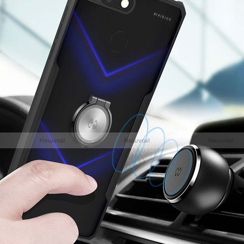 Silicone Transparent Mirror Frame Case 360 Degrees with Magnetic Finger Ring Stand for Huawei Honor V20