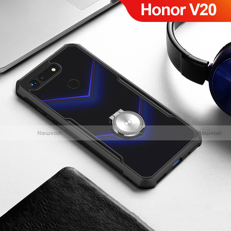 Silicone Transparent Mirror Frame Case 360 Degrees with Magnetic Finger Ring Stand for Huawei Honor V20 Black