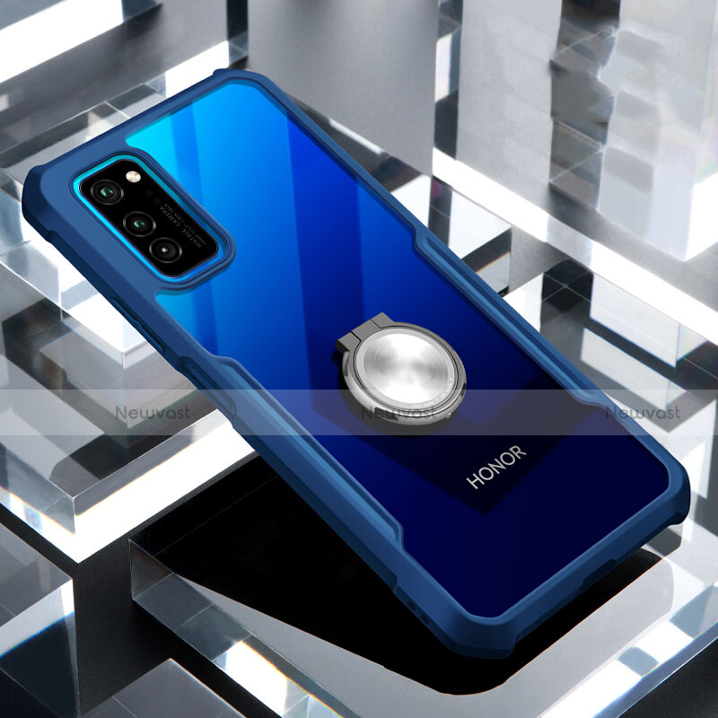 Silicone Transparent Mirror Frame Case 360 Degrees with Magnetic Finger Ring Stand for Huawei Honor View 30 5G Blue
