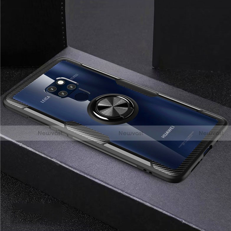 Silicone Transparent Mirror Frame Case 360 Degrees with Magnetic Finger Ring Stand for Huawei Mate 20 Black